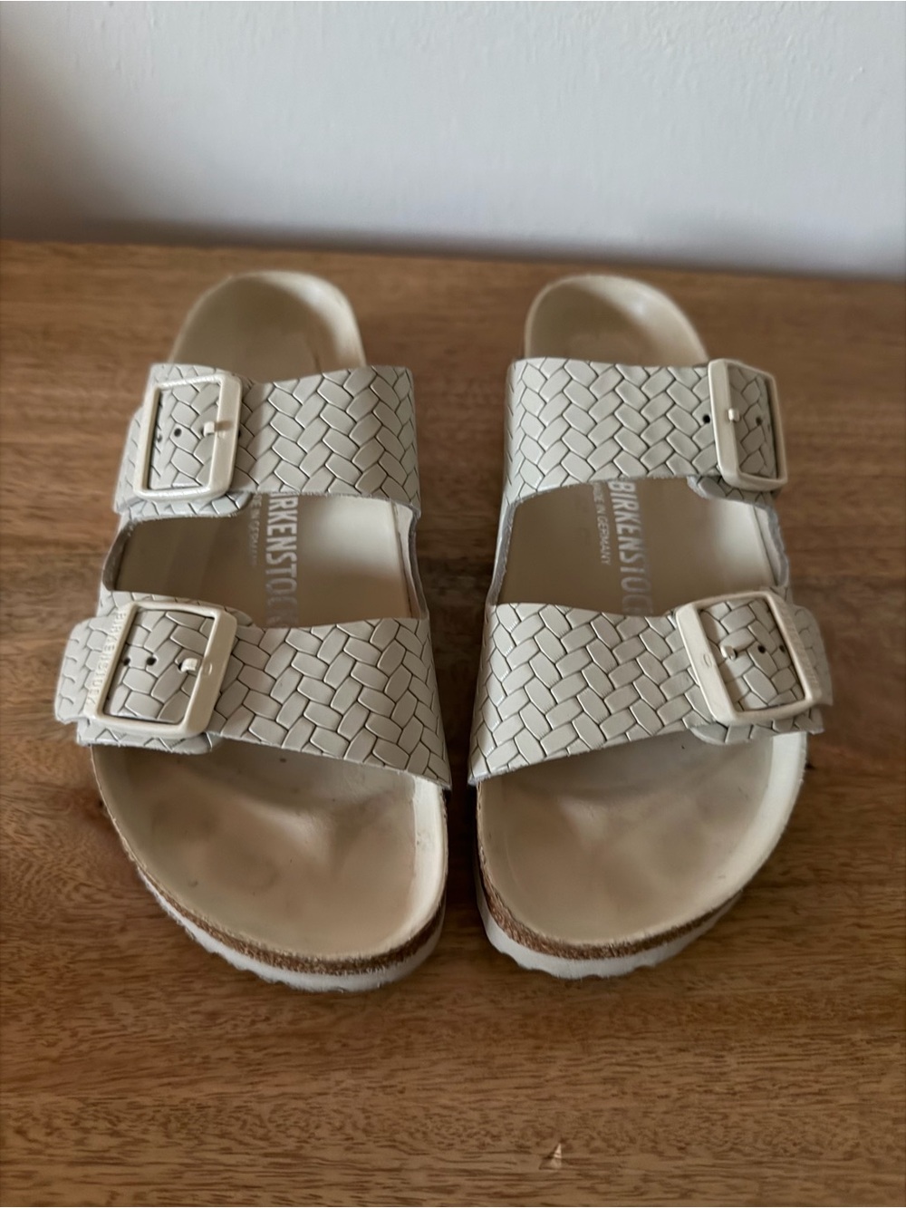 Birkenstock Womens Cream Woven Double-Buckle Slide Sandals 39
